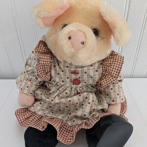 Vintage Tender Heart Treasures Pig Plush Doll 12" Stuffed Animal Dress 1992